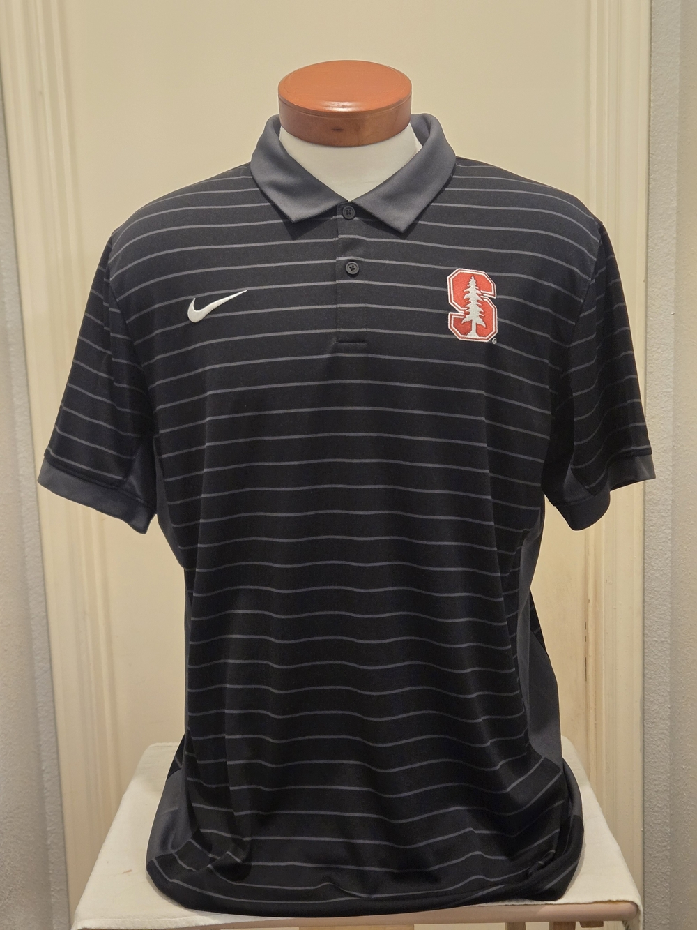 Nike Dri Fit, Stanford, Men’s Black and Gray Striped Polo, L